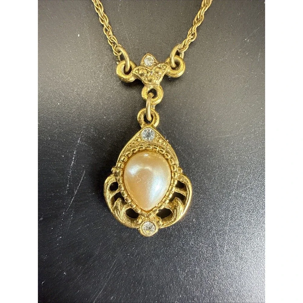 1928 Jewelry Faux Pearl Teardrop Gold Tone Rhinestone Accent Pendant Necklace